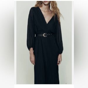 ZARA PLEATED MIDI DRESS WITH BELT - Black